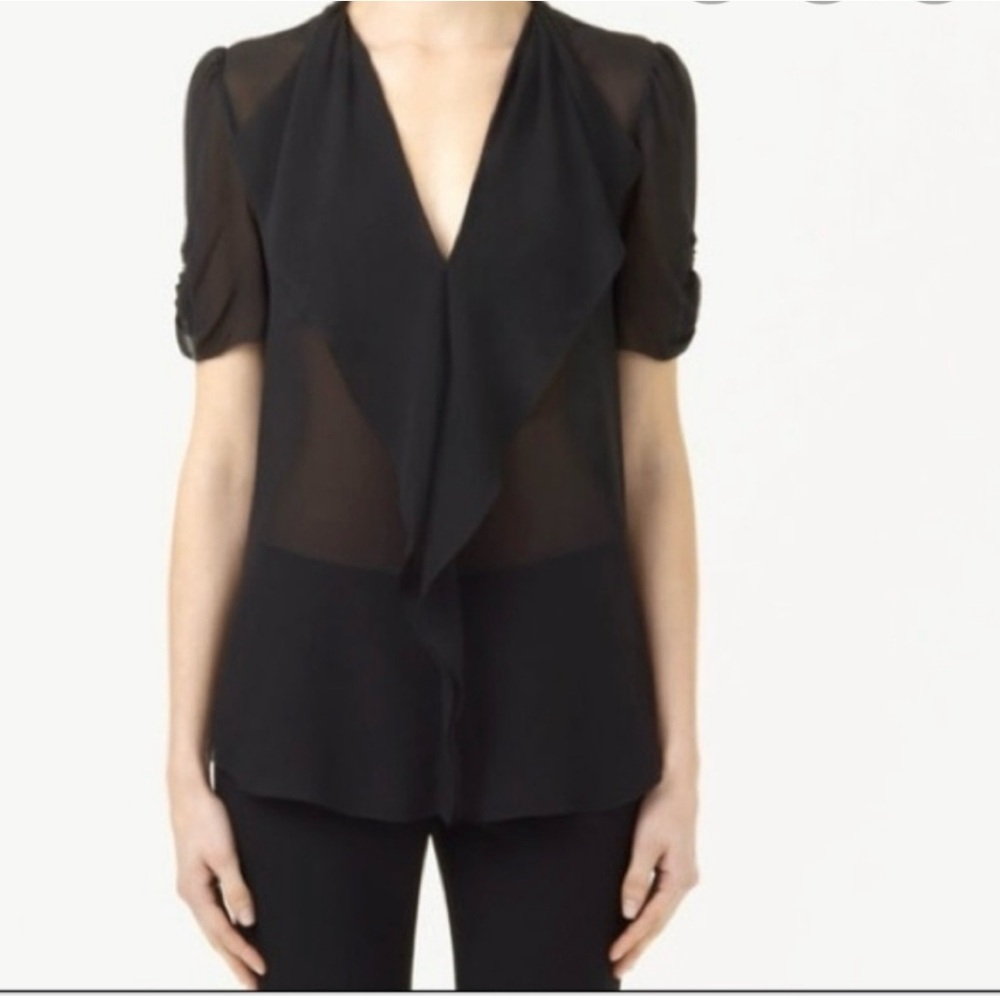 ARITZIA BABATON 100% Silk Oversized Black Blouse Ruched Sleeves V Neck Size XXS